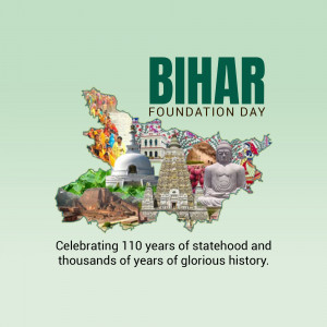 Bihar Foundation Day graphic with landmarks and text