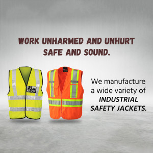 Two industrial safety vests, one yellow-green and one orange, displayed with text promoting safety.