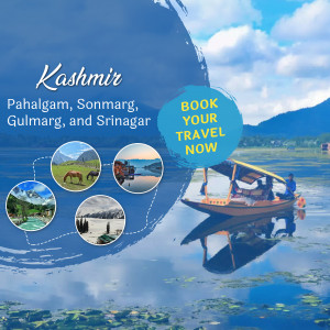 Scenic view of Kashmir with a boat on Dal Lake and travel destinations highlighted.