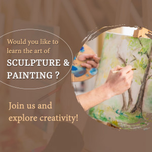 Hands painting a landscape with text promoting a sculpture and painting workshop.