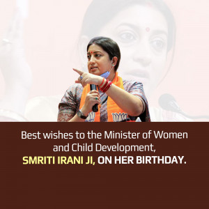 Smriti Irani addressing an audience with birthday wishes text overlay