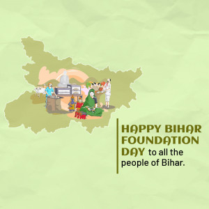 Illustration depicting Bihar's map with cultural elements and text 'Happy Bihar Foundation Day'