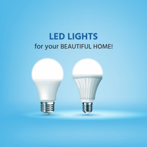Two LED light bulbs on a blue gradient background with text promoting LED lighting.