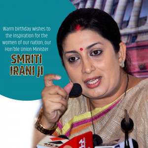 Portrait of Smriti Irani, Union Minister, with birthday wishes.