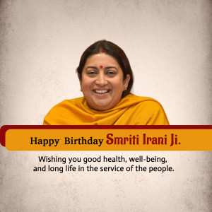 Portrait of Smriti Irani with birthday wishes