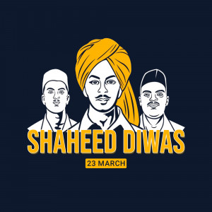 Illustration of Bhagat Singh, Sukhdev, and Rajguru with Shaheed Diwas text