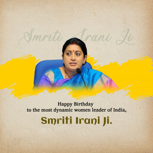 Portrait of Smriti Irani with birthday greetings