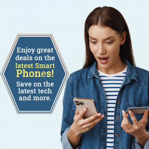 Woman looking surprised while checking smartphone deals.