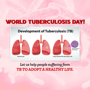 Illustration depicting the development of tuberculosis in lungs with text promoting World Tuberculosis Day.