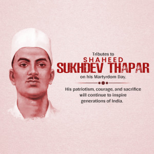 Portrait of Shaheed Sukhdev Thapar with tribute text