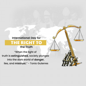 Scales of justice with a world map background and a quote about the importance of truth.