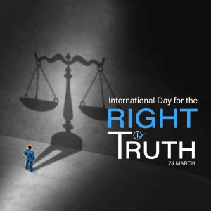 Image depicting a scale of justice with a person standing beneath it, promoting the International Day for the Right to Truth.