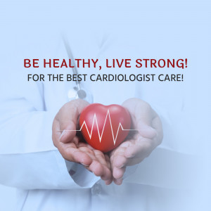 Hands holding a red heart with an ECG line, promoting cardiology services.