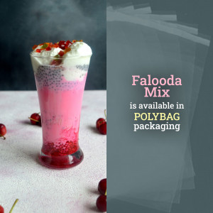 A glass of pink Falooda with cherries and a stack of clear polybags