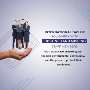 Image depicting solidarity with detained and missing staff members, featuring a group of professionals and a supportive hand.