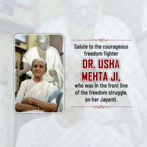Portrait of Dr. Usha Mehta Ji with Mahatma Gandhi in the background