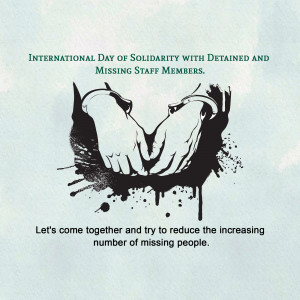 Image depicting hands bound with a dark splash, symbolizing solidarity with detained and missing staff members.