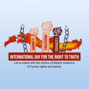 Image depicting raised fists breaking chains with the text 'International Day for the Right to Truth'
