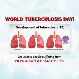 Illustration depicting the development of tuberculosis in lungs with text promoting World Tuberculosis Day.
