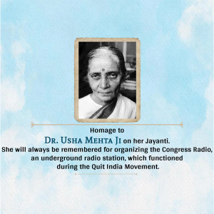 Portrait of Dr. Usha Mehta with text commemorating her Jayanti and contribution to the Congress Radio.
