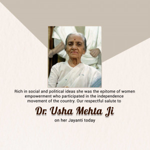Portrait of Dr. Usha Mehta Ji with a tribute message