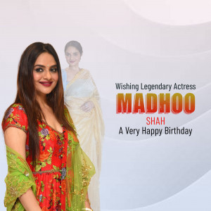 Image of a woman in a floral dress with a birthday graphic for Madhubala.