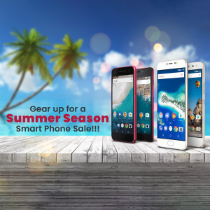 Multiple smartphones displayed on a wooden surface with a beach background and sale promotion text.