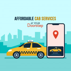 Illustration of a smartphone displaying a map with a taxi and a yellow cab in front of a city skyline.