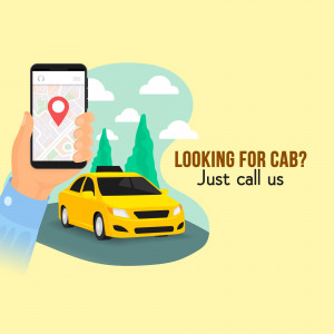 Illustration of a hand holding a smartphone displaying a map with a cab icon and a yellow taxi below.