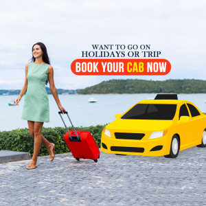 Woman with luggage and a taxi, promoting cab booking for holidays