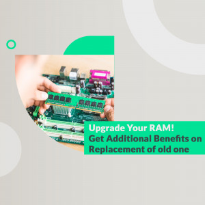 Close-up of hands installing RAM on a computer motherboard with text promoting RAM upgrades.