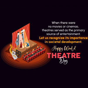 Illustration of a theatre stage with audience and masks, celebrating World Theatre Day.