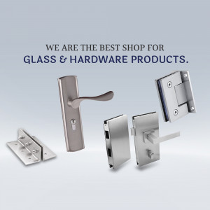 Assortment of glass and hardware products including door handles, hinges, and locks.