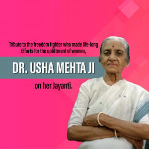 Portrait of Dr. Usha Mehta Ji with a tribute message