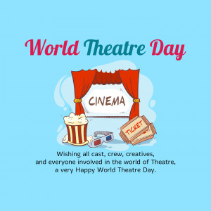 Illustration of a theatre stage with popcorn, tickets, and 3D glasses for World Theatre Day