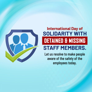 Image commemorating the International Day of Solidarity with Detained and Missing Staff Members, featuring a shield with silhouettes of people and a checkmark.