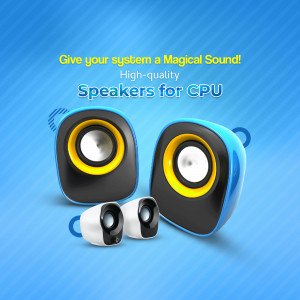 Two blue and yellow computer speakers with a smaller pair floating below.