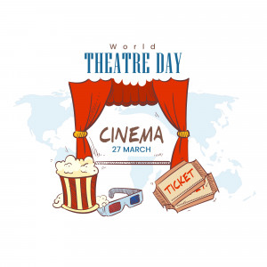 Illustration for World Theatre Day featuring a stage curtain, popcorn, tickets, and 3D glasses.