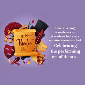 Illustration for World Theatre Day with theatre props and text.