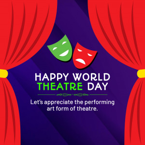 World Theatre Day greeting with masks and red curtains
