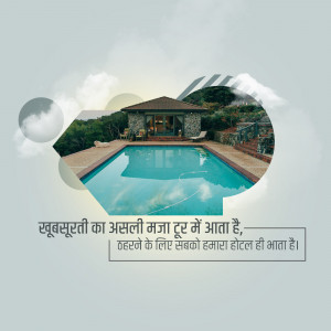 A picturesque hotel with a swimming pool and scenic landscape.