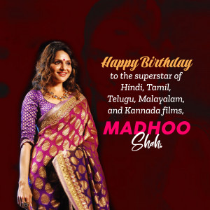 Madhuri Dixit in a purple saree with birthday wishes