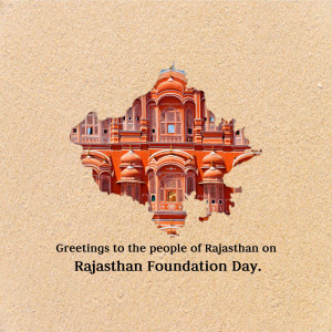 Image depicting Hawa Mahal shaped like the state of Rajasthan with text 'Greetings to the people of Rajasthan on Rajasthan Foundation Day.'