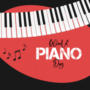 Piano keys and musical notes with 'World Piano Day' text