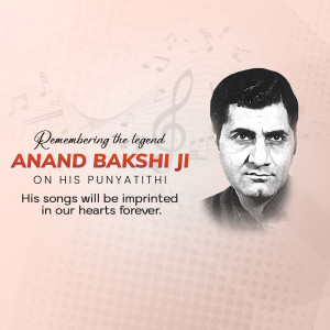 Portrait of Anand Bakshi Ji with musical notes and remembrance text.