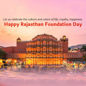 Hawa Mahal illuminated at dusk with text 'Happy Rajasthan Foundation Day'