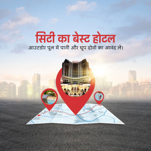 Hotel advertisement with location pin and city skyline