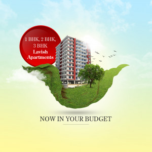 Advertisement for 1, 2, and 3 BHK apartments with a scenic background.