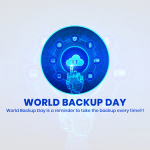 Digital illustration for World Backup Day featuring a robotic hand touching a cloud icon within a circular security interface.