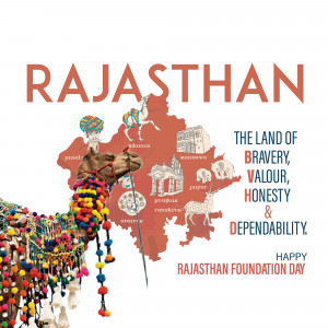 Rajasthan Foundation Day graphic with map and cultural elements